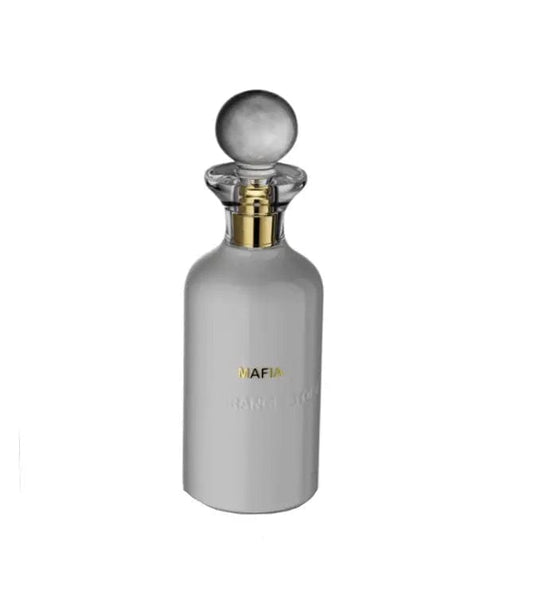 A clean product shot of the white Fragrance Story Mafia 3.4 oz EDP bottle with its round cap and gold details, on a white background.