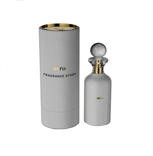 The Fragrance Story Mafia EDP bottle shown next to its matching cylindrical white and gold presentation box.